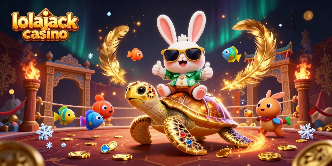 Experience thrill with lolajack casino as a lucky rabbit celebrates a jackpot aboard a golden sea turtle.