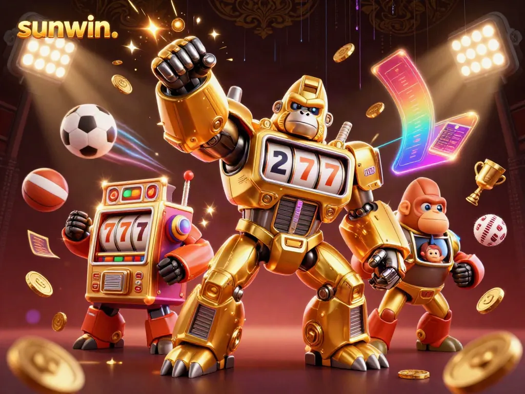 Experience thrilling action at sunwin. with vibrant gaming elements and a golden gorilla mech.