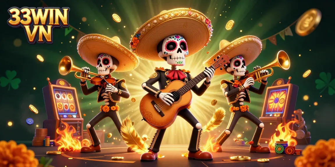 Experience the excitement of 33WIN VN with a vibrant Day of the Dead casino scene filled with gold coins and colorful game elements.