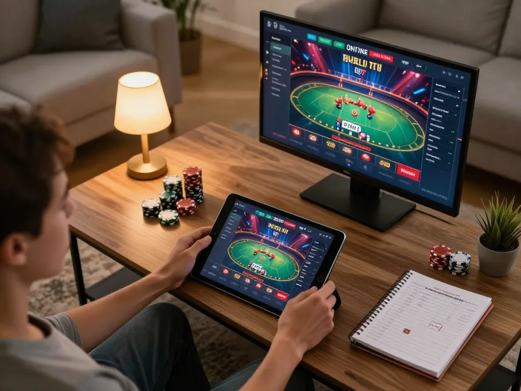 Player using vin88lk app on tablet for online betting during a cozy home gaming session