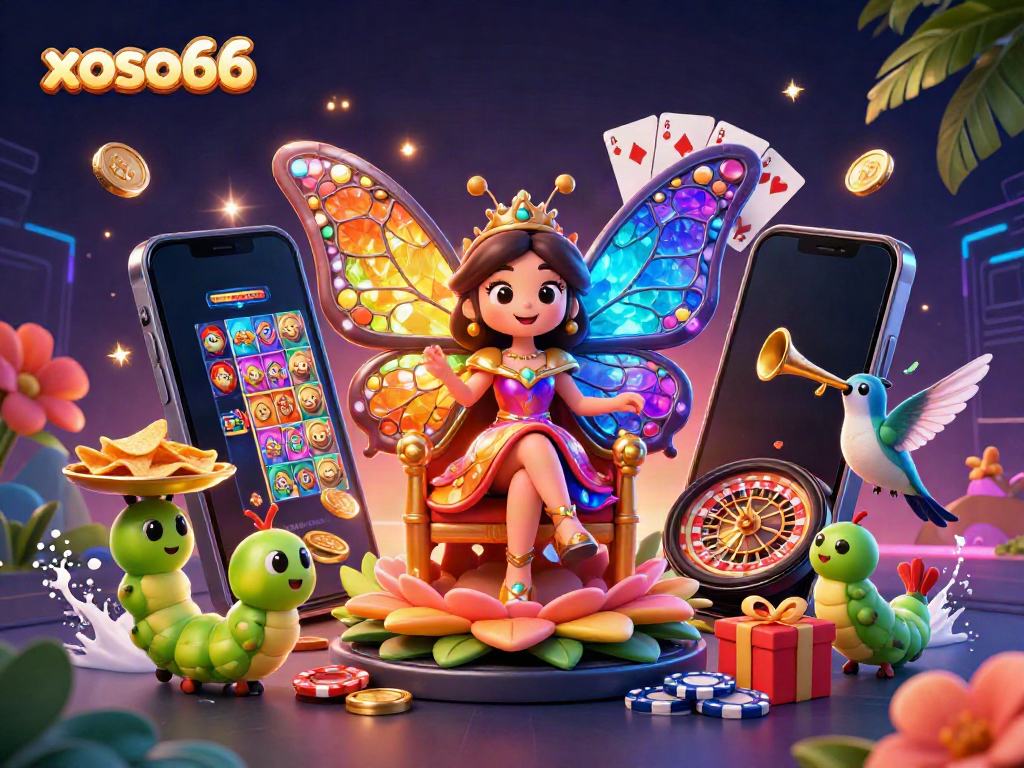 Engage in thrilling gameplay with xoso66 and a vibrant scene of casino elements amidst a magical backdrop.