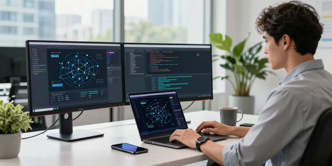 快连 network optimization software in a modern tech workspace featuring a developer focused on multiple screens and a productive atmosphere.