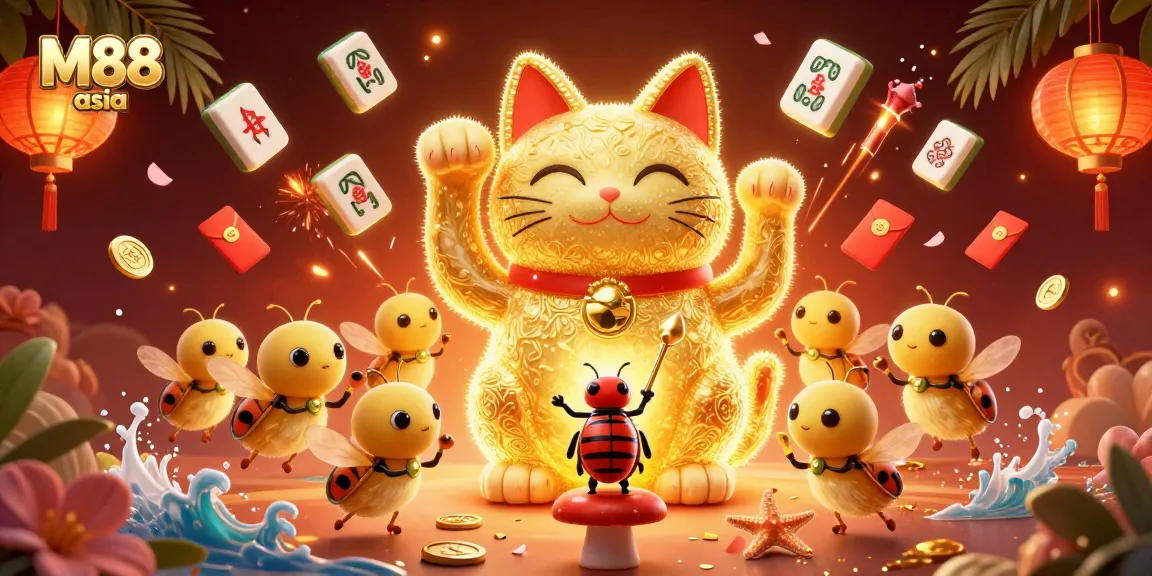 Experience the vibrant world of M88 asia with a lucky cat made of fireflies amidst casino symbols and festive visuals.
