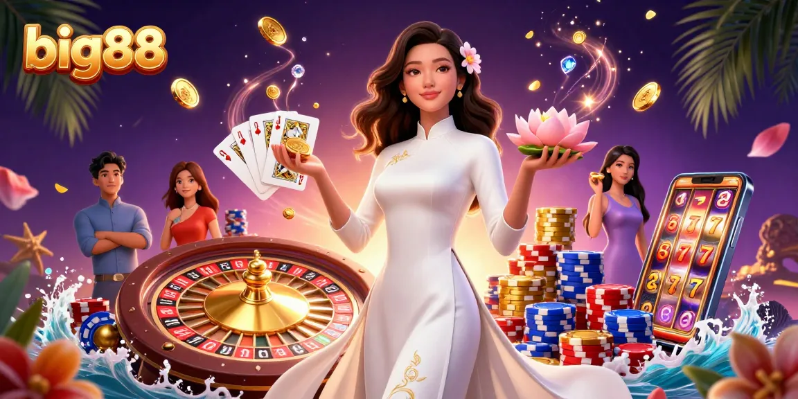 Win big88 with cascading coins and a serene Asian woman in an opulent casino scene