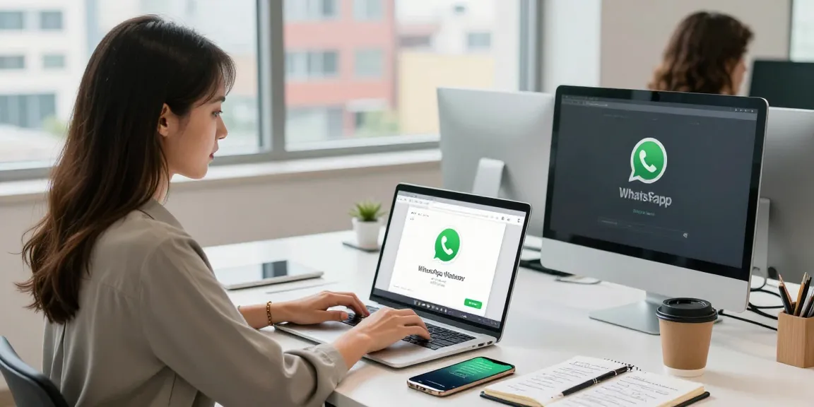 Professional woman using WhatsApp網頁版 on her laptop in a modern office.