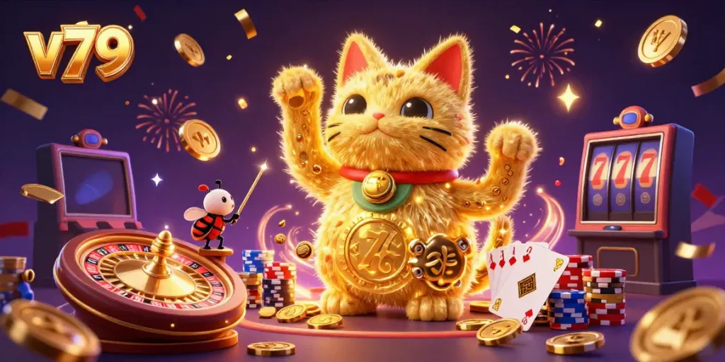 Experience the vibrant world of v79 with colorful casino elements and a lucky cat in this 3D illustration.