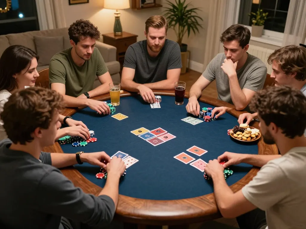Friends playing poker at home, strategizing and enjoying kwin gaming moments together