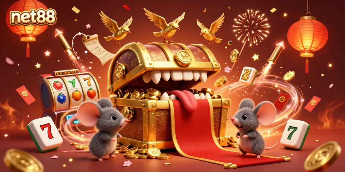 Experience net88's lively casino adventure featuring enchanting scenes of golden treasures and slot machines.