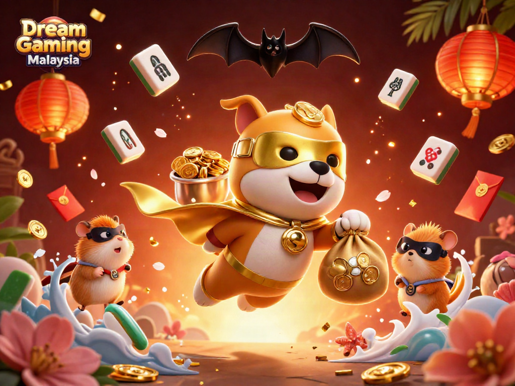 Experience exciting casino action with Dream Gaming Malaysia, featuring a heroic dog and vibrant game elements.