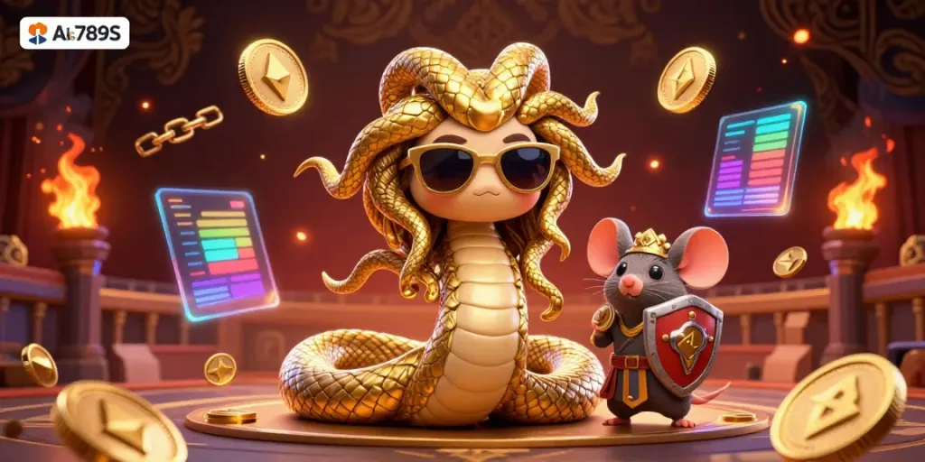 Bet on Alo789S in a vibrant Medusa scene with crypto and cockfighting elements.