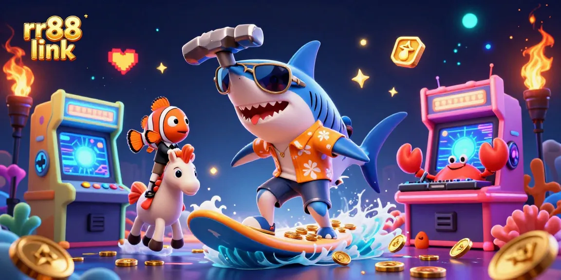 Play exciting games at rr88 link with a shark surfer amidst gold coins and vibrant arcade elements.