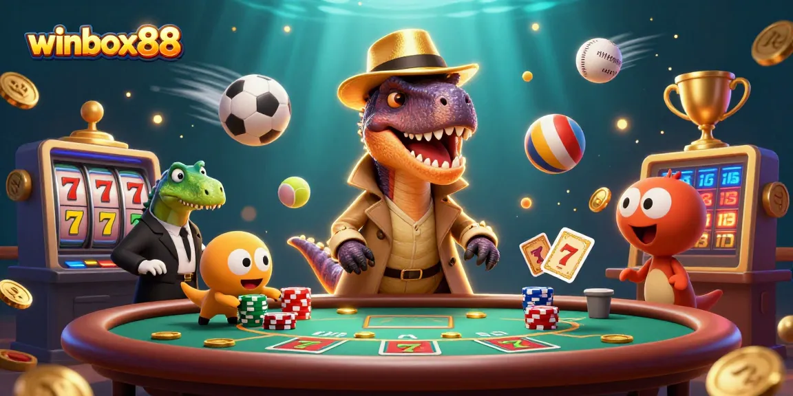 Winbox88: Celebrate a winning casino moment with dinosaurs at a blackjack table.