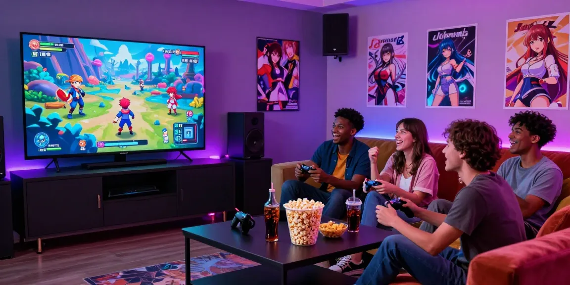 Friends playing a hentai game in a vibrant gaming lounge, dynamic visuals on screen.
