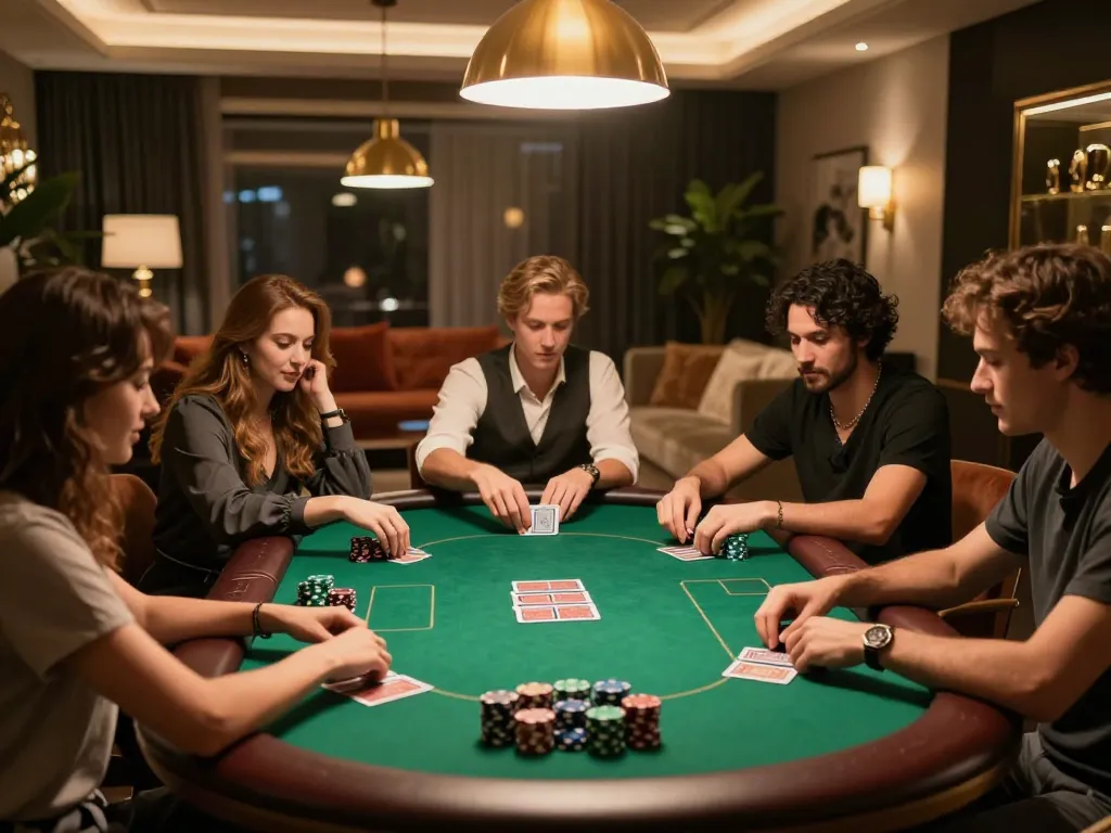 Engaged friends playing poker in a stylish setting at net88, showcasing strategic gameplay.