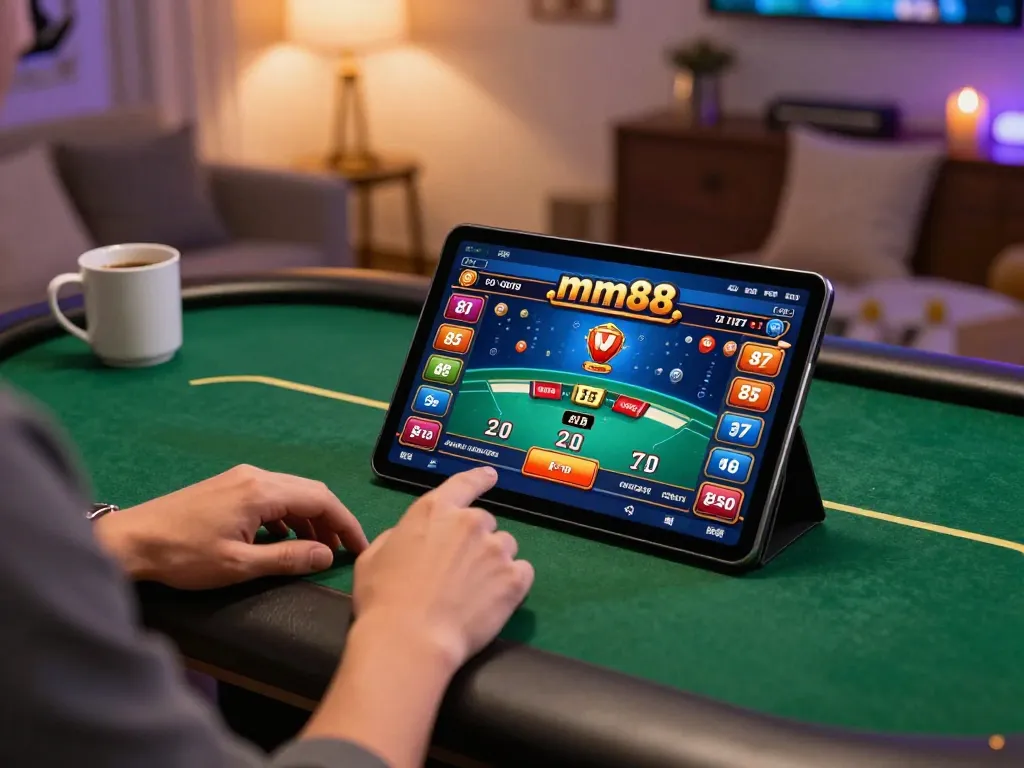 Player enjoying mm88 poker game on tablet in a cozy home gaming setup