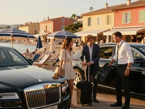 Scène de Taxi Saint Tropez avec un conducteur professionnel aidant des passagers sur une plage.