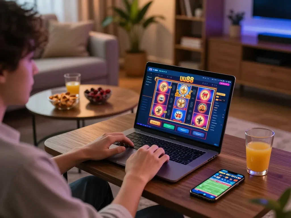 Player engaging with uu88's vibrant online casino games on a cozy living room laptop setup
