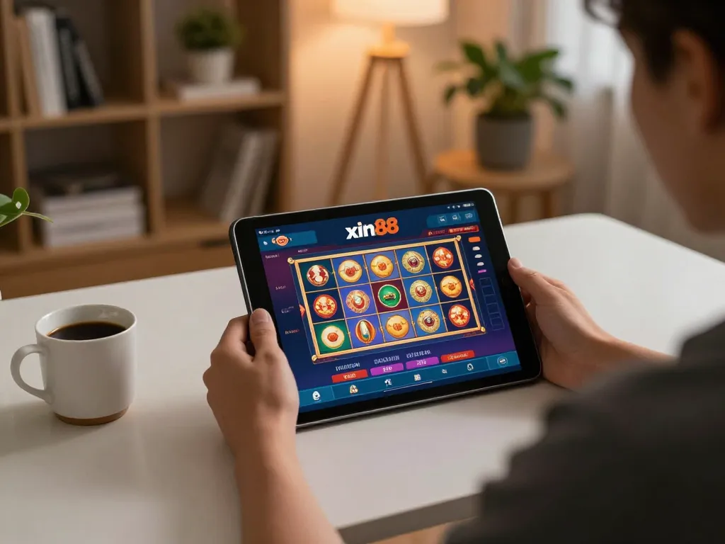Player enjoying the xin88 online casino app on a tablet in a cozy home setting, highlighting strategic gameplay.
