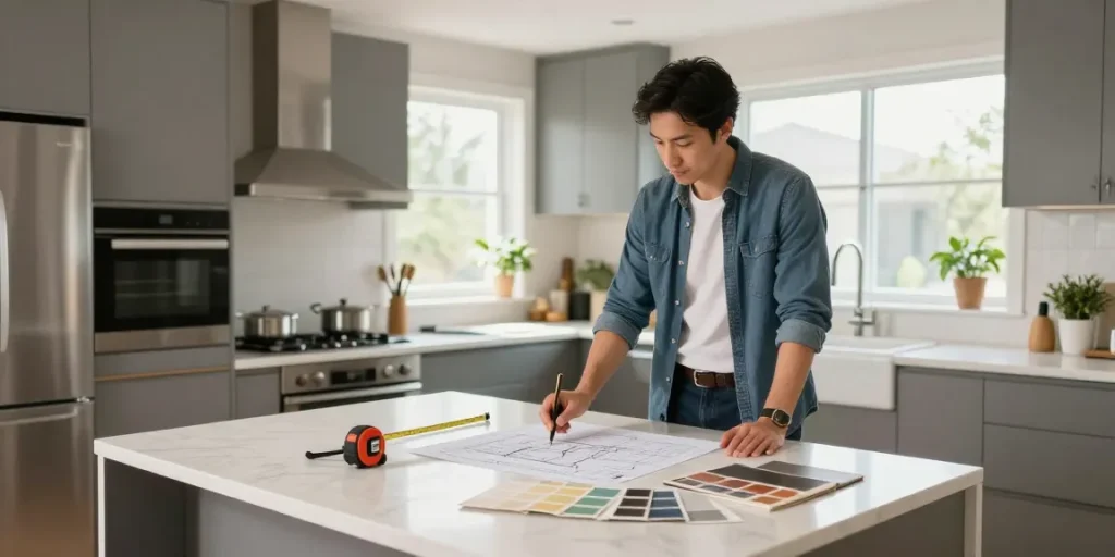 Kitchen remodeling style illustrated with a specialist assessing modern design and tools in a bright, inviting atmosphere.