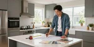 Kitchen remodeling style illustrated with a specialist assessing modern design and tools in a bright, inviting atmosphere.