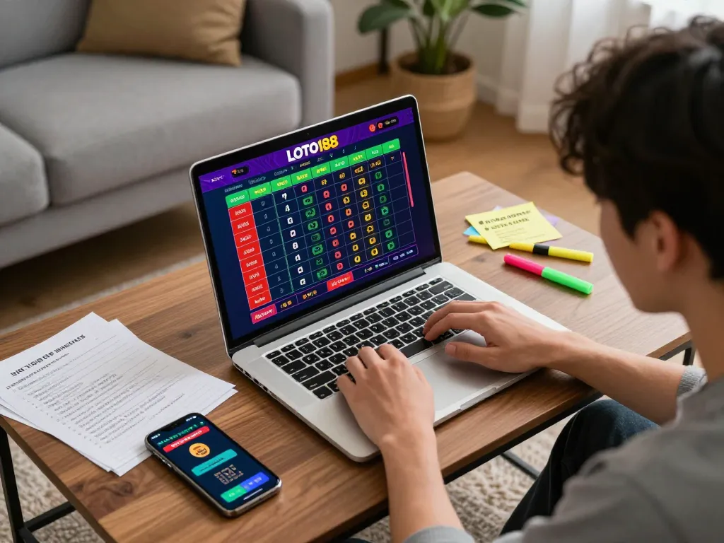 Engaged user exploring LOTO188's betting platform on a laptop in a cozy home environment.