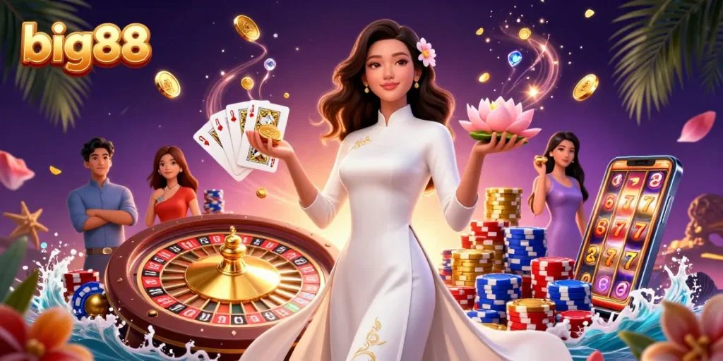 Win big88 with cascading coins and a serene Asian woman in an opulent casino scene