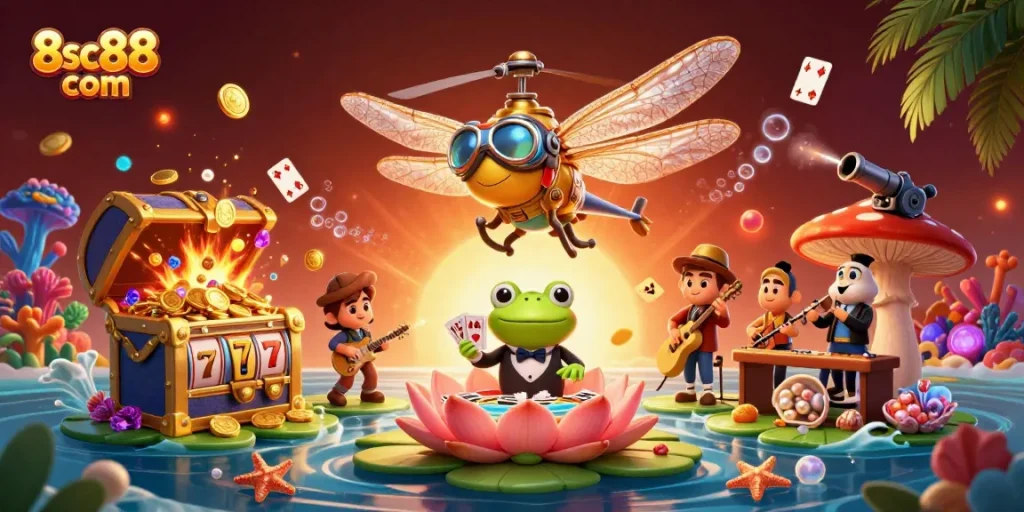 Play at 8sc88 com and experience thrilling casino gaming amidst vibrant character illustrations.