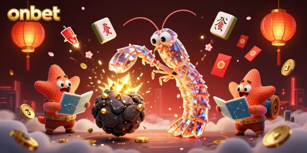Experience thrilling gameplay with ONBET and the galactic samurai shrimp, as riches explode in this vibrant gambling scene.