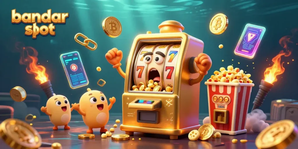 Experience the excitement of bandar slot with a golden slot machine hitting the jackpot amidst floating crypto coins.