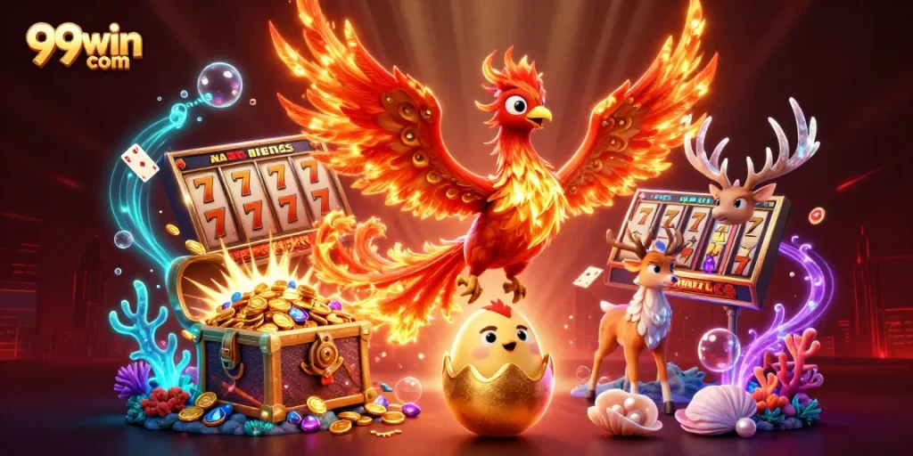 Play thrilling slot games at 99win com while enjoying a vibrant casino illustration rich in detail.