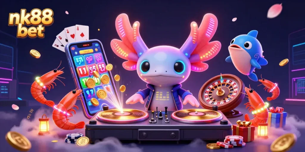 Engage with exciting nk88 bet action in a vibrant underwater casino setting featuring a DJ axolotl.