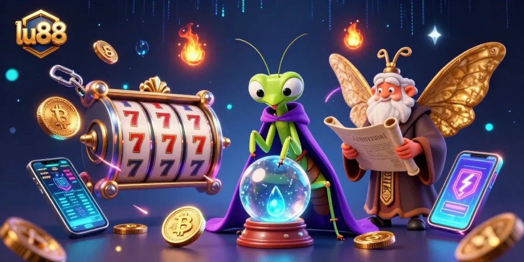 Experience thrilling gameplay with lu88 as a vibrant casino scene filled with slot reels and mystical characters.