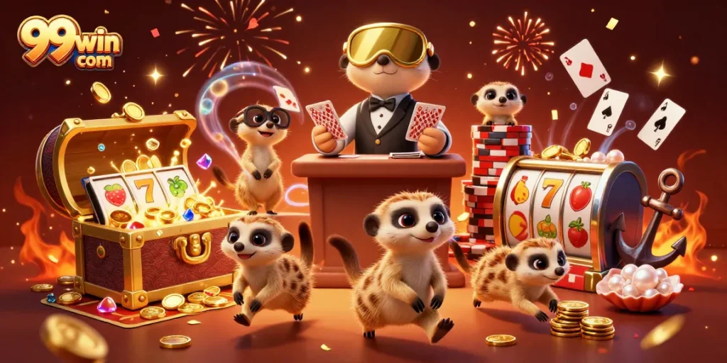 Experience the excitement of 99win com casino with our meerkat heroes managing a colorful gaming adventure!