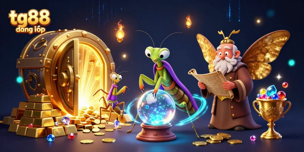 TG88 đăng nhập provides an enchanting glimpse into a magical casino setting with a mystical fortune teller and sparkling treasures.