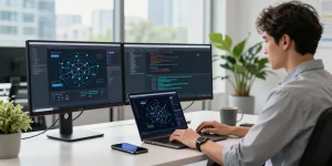 快连 network optimization software in a modern tech workspace featuring a developer focused on multiple screens and a productive atmosphere.