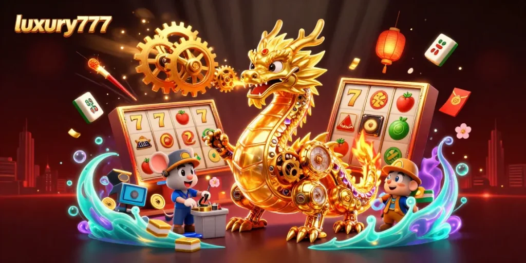 Experience luxury777 with vibrant slots, golden dragon, and festive casino elements.