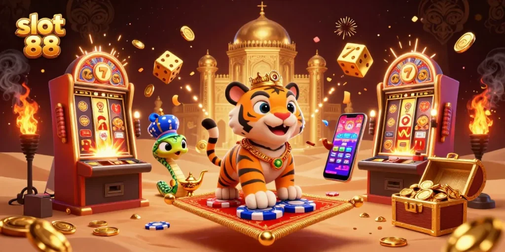 Experience the excitement of slot 88 with a vibrant 3D casino illustration featuring a jackpot explosion.