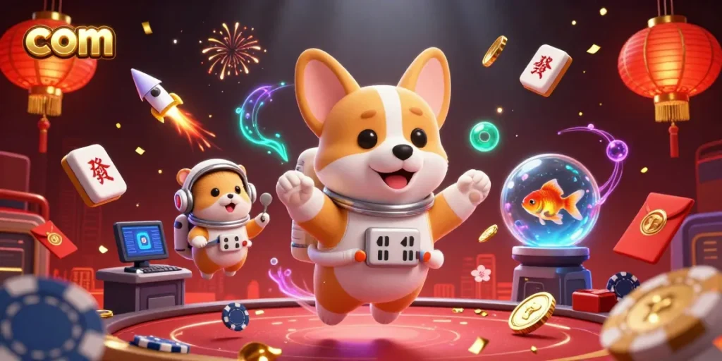 Engage in thrilling gameplay at com with an astronaut corgi and casino elements in a vibrant space scene.