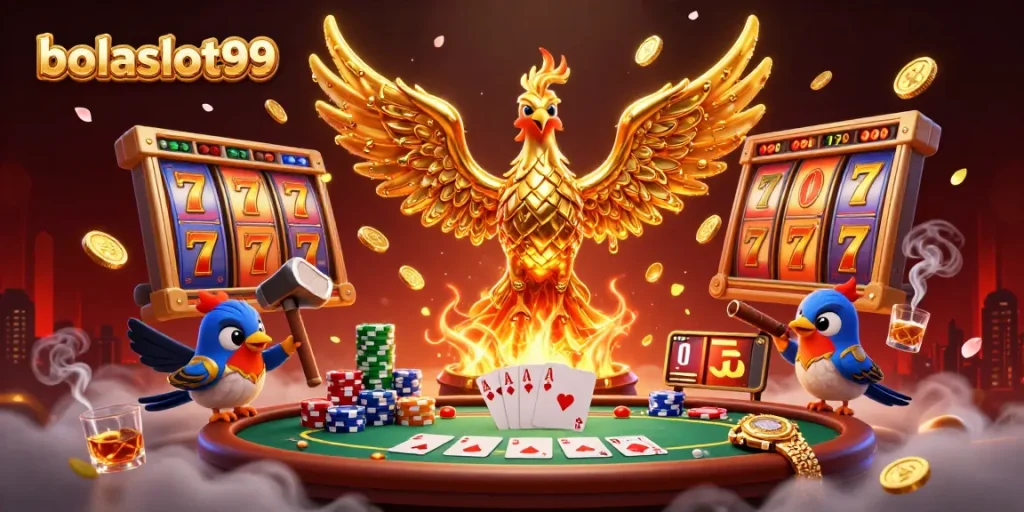 Engage with bolaslot99 as molten gold phoenix rises over vibrant casino scene.