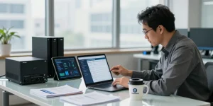 Cyber Essentials compliance review in a modern office setting, highlighting essential cybersecurity practices.