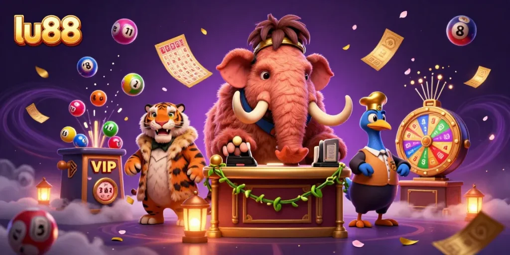 lu88 brings excitement with a vibrant lottery scene featuring unique animal characters.