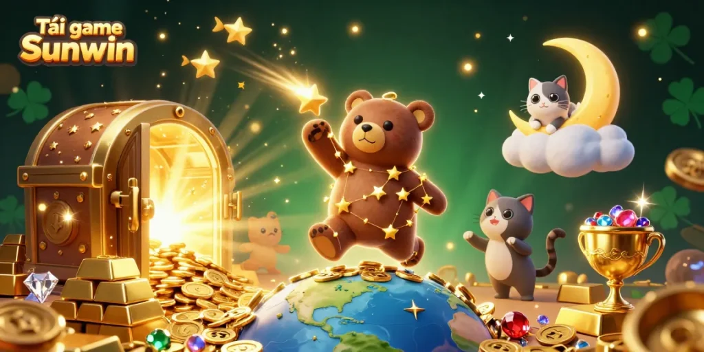Experience Tải game Sunwin with a delightful 3D illustration full of exciting casino elements, treasures, and characters.