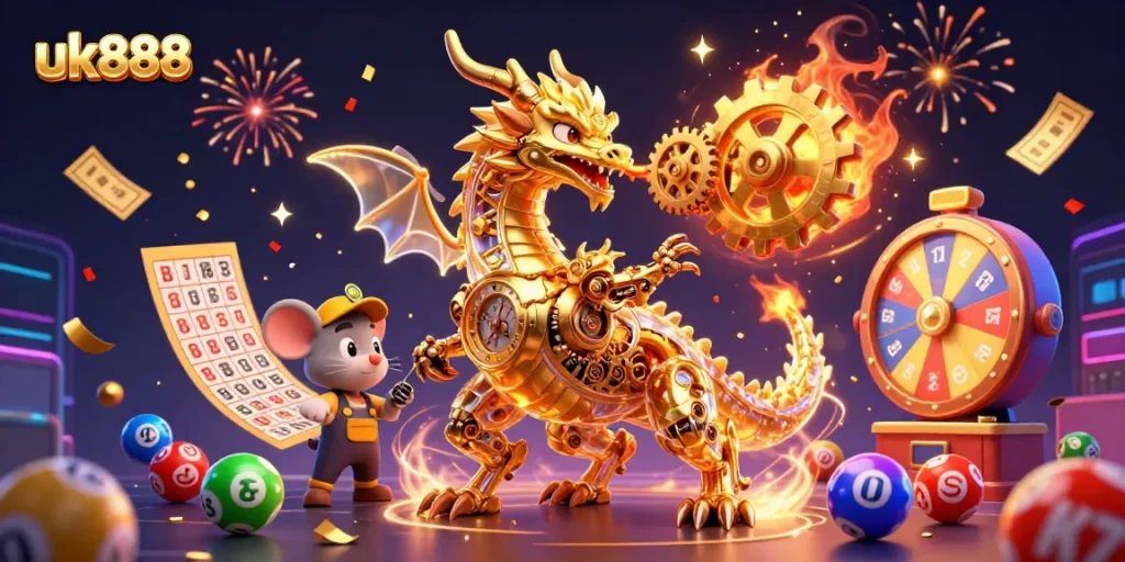 Win big at uk888 with a vibrant scene of golden dragon and exciting lottery elements enhancing gaming thrills.