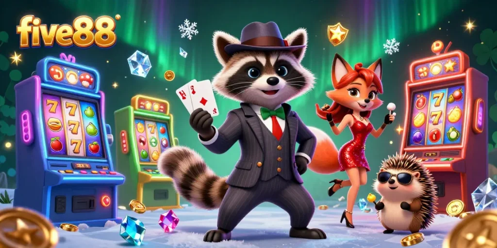 Five88's dazzling slot scene with a suave raccoon, elegant fox, and hedgehog bouncer.