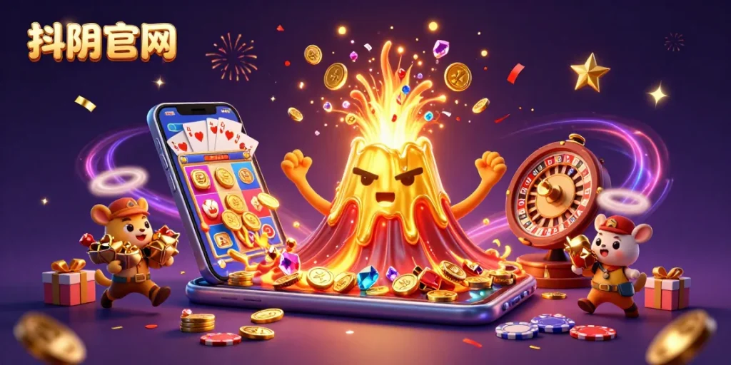 Experience winning at 抖阴官网 with vibrant treasures erupting from a golden volcano in this animated casino scene.