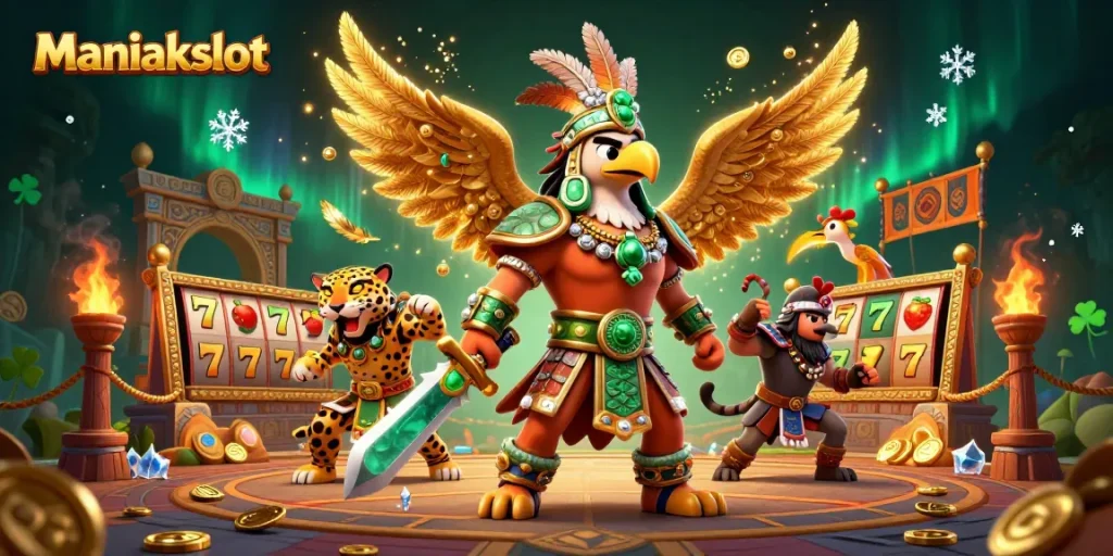 Spin to win with Maniakslot as Aztec warriors battle amid vibrant casino elements.