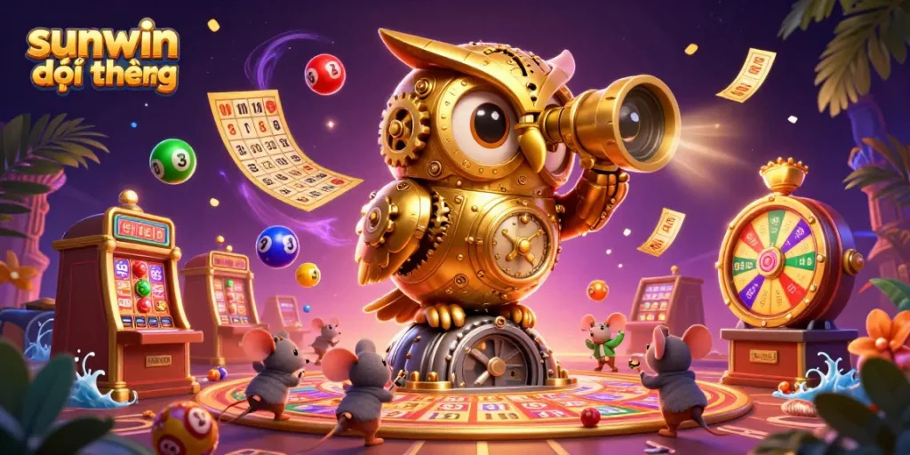 Win big with sunwin đổi thưởng as a golden owl oversees a vibrant casino scene.