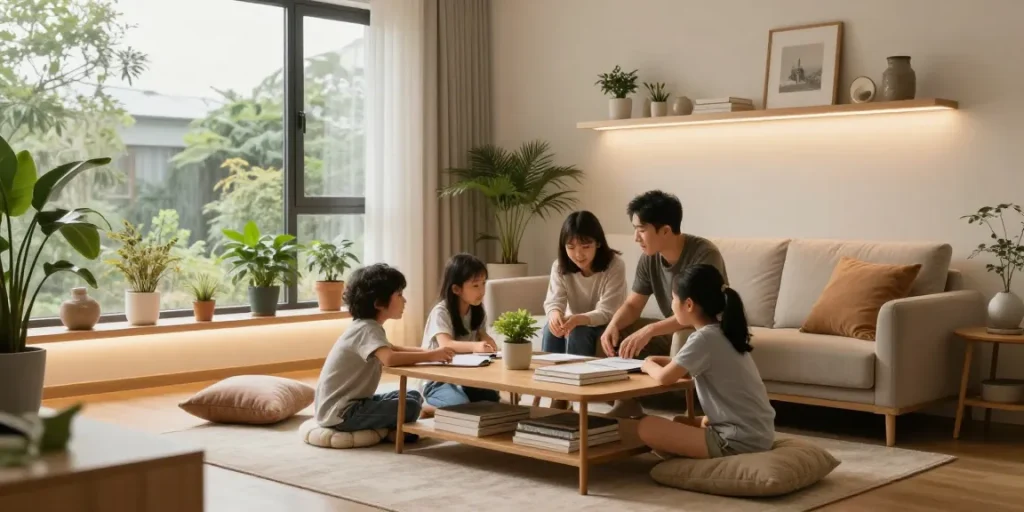 Iluminat ambiental cu aplica LED în living, familie discutând și recalcând designul interior.