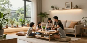 Iluminat ambiental cu aplica LED în living, familie discutând și recalcând designul interior.