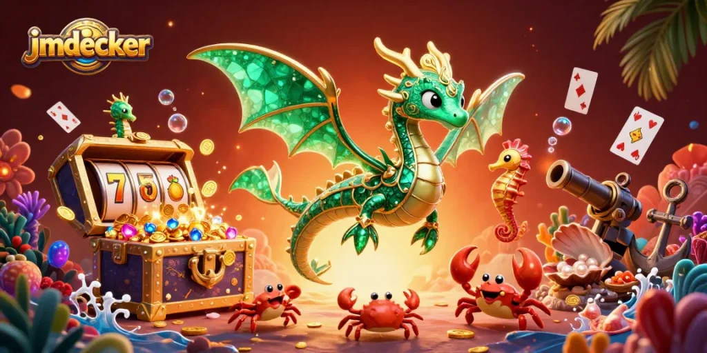 Engage in thrilling slot action with jmdecker's vibrant underwater casino, featuring a sea dragon and gold treasures.